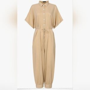 Khaki Casual Solid Split Joint Turndown Collar Short Sleeve Jumpsuits. Size L